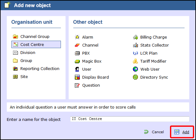 add object Cost Centre