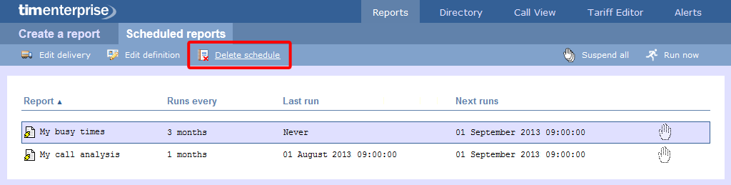 Deleting a scheduled report