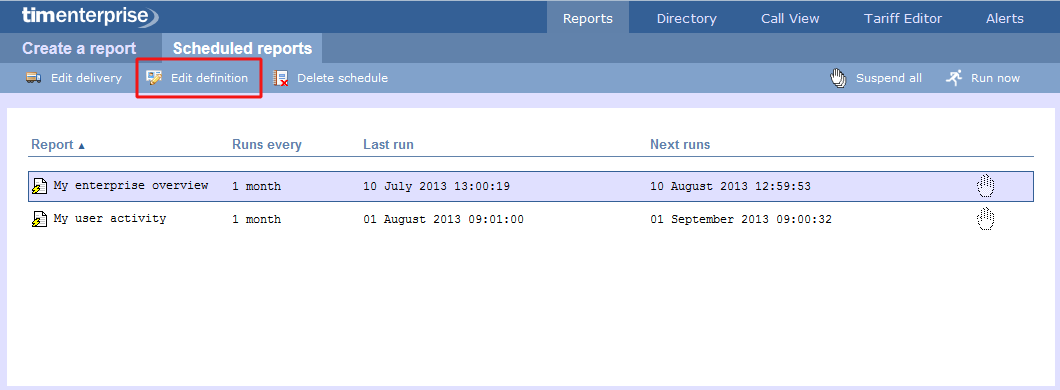 Editing scheduled report definition