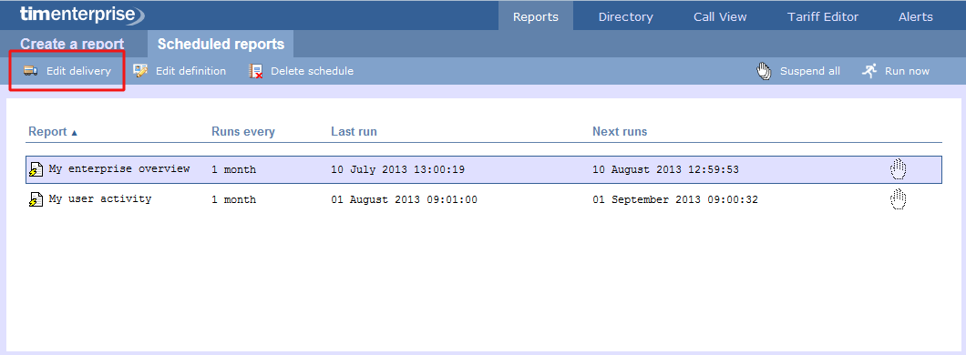 Editing scheduled report delivery