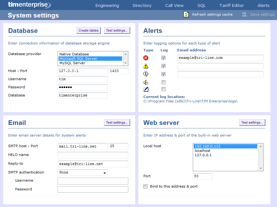 System settings screen