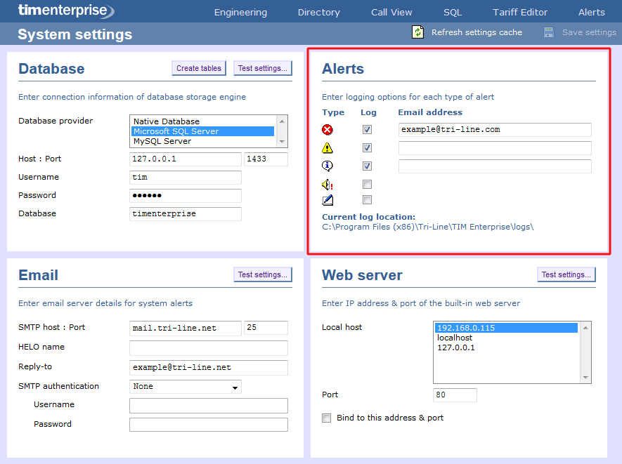 System settings - alerts