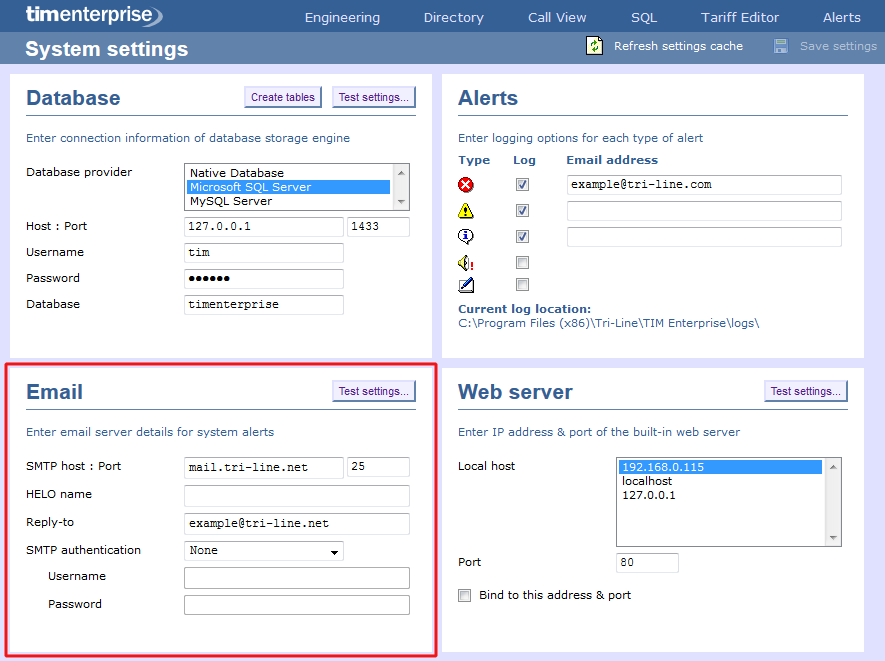System settings - email