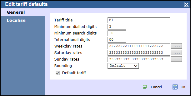 tariff table defaults